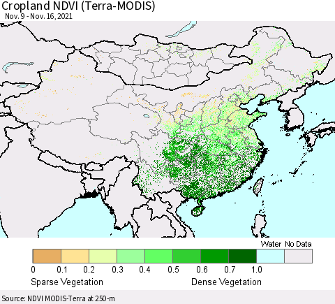 China, Mongolia and Taiwan Cropland NDVI (Terra-MODIS) Thematic Map For 11/9/2021 - 11/16/2021