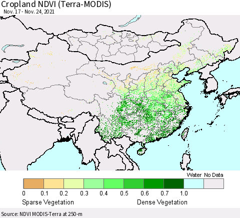 China, Mongolia and Taiwan Cropland NDVI (Terra-MODIS) Thematic Map For 11/17/2021 - 11/24/2021