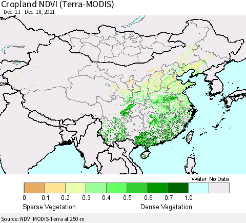 China, Mongolia and Taiwan Cropland NDVI (Terra-MODIS) Thematic Map For 12/11/2021 - 12/18/2021