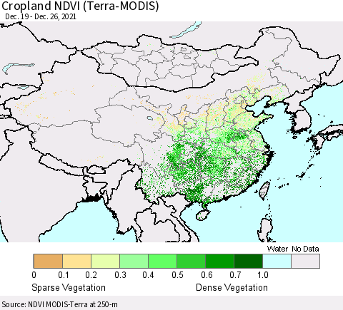 China, Mongolia and Taiwan Cropland NDVI (Terra-MODIS) Thematic Map For 12/19/2021 - 12/26/2021
