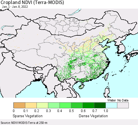 China, Mongolia and Taiwan Cropland NDVI (Terra-MODIS) Thematic Map For 1/1/2022 - 1/8/2022