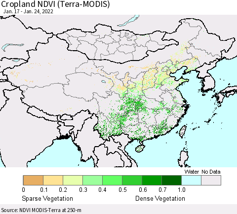 China, Mongolia and Taiwan Cropland NDVI (Terra-MODIS) Thematic Map For 1/17/2022 - 1/24/2022