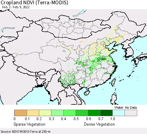 China, Mongolia and Taiwan Cropland NDVI (Terra-MODIS) Thematic Map For 2/2/2022 - 2/9/2022