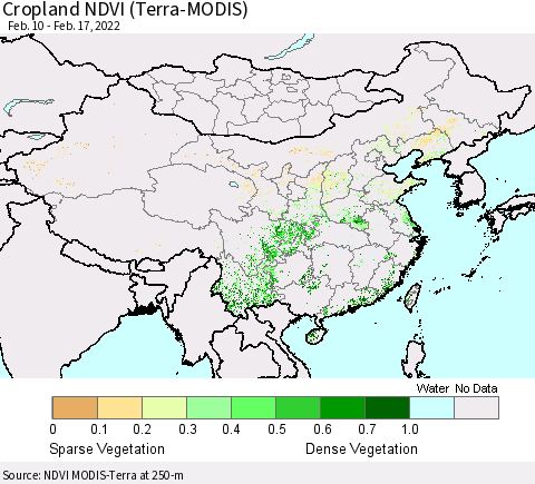 China, Mongolia and Taiwan Cropland NDVI (Terra-MODIS) Thematic Map For 2/10/2022 - 2/17/2022