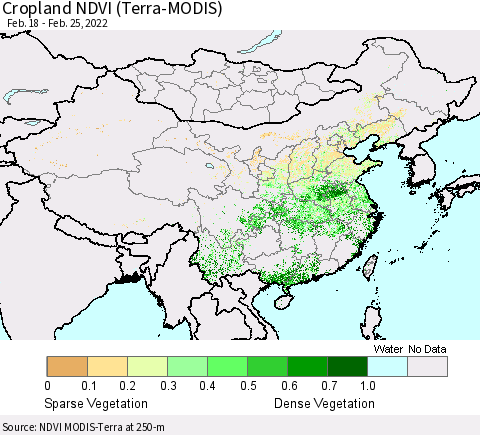 China, Mongolia and Taiwan Cropland NDVI (Terra-MODIS) Thematic Map For 2/18/2022 - 2/25/2022