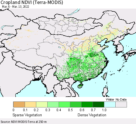 China, Mongolia and Taiwan Cropland NDVI (Terra-MODIS) Thematic Map For 3/6/2022 - 3/13/2022