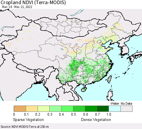 China, Mongolia and Taiwan Cropland NDVI (Terra-MODIS) Thematic Map For 3/14/2022 - 3/21/2022