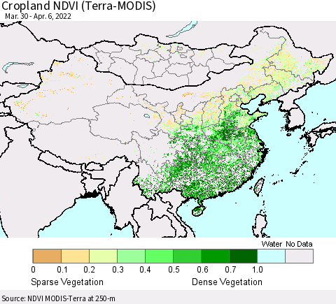 China, Mongolia and Taiwan Cropland NDVI (Terra-MODIS) Thematic Map For 3/30/2022 - 4/6/2022