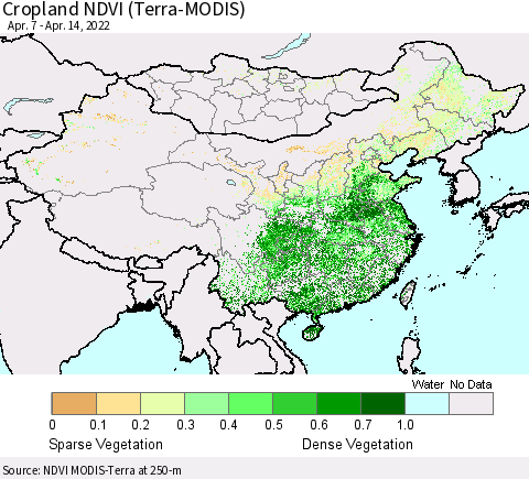 China, Mongolia and Taiwan Cropland NDVI (Terra-MODIS) Thematic Map For 4/7/2022 - 4/14/2022