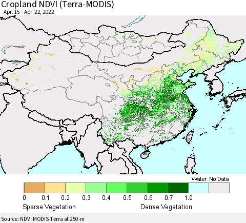 China, Mongolia and Taiwan Cropland NDVI (Terra-MODIS) Thematic Map For 4/15/2022 - 4/22/2022