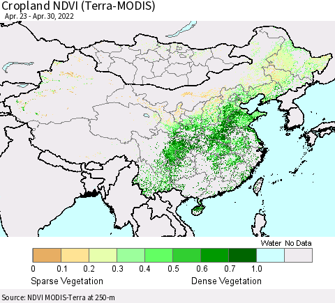 China, Mongolia and Taiwan Cropland NDVI (Terra-MODIS) Thematic Map For 4/23/2022 - 4/30/2022