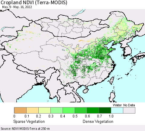 China, Mongolia and Taiwan Cropland NDVI (Terra-MODIS) Thematic Map For 5/9/2022 - 5/16/2022