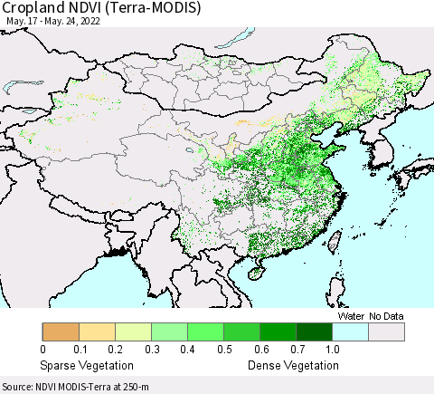China, Mongolia and Taiwan Cropland NDVI (Terra-MODIS) Thematic Map For 5/17/2022 - 5/24/2022