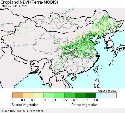 China, Mongolia and Taiwan Cropland NDVI (Terra-MODIS) Thematic Map For 5/25/2022 - 6/1/2022