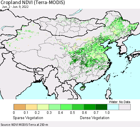 China, Mongolia and Taiwan Cropland NDVI (Terra-MODIS) Thematic Map For 6/2/2022 - 6/9/2022