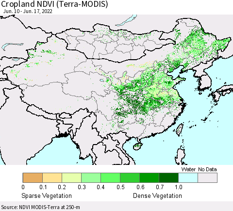 China, Mongolia and Taiwan Cropland NDVI (Terra-MODIS) Thematic Map For 6/10/2022 - 6/17/2022