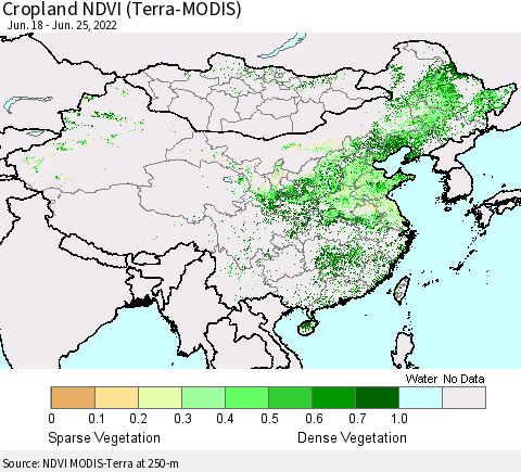China, Mongolia and Taiwan Cropland NDVI (Terra-MODIS) Thematic Map For 6/18/2022 - 6/25/2022