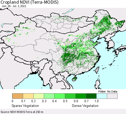 China, Mongolia and Taiwan Cropland NDVI (Terra-MODIS) Thematic Map For 6/26/2022 - 7/3/2022