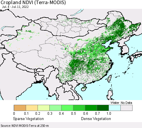 China, Mongolia and Taiwan Cropland NDVI (Terra-MODIS) Thematic Map For 7/4/2022 - 7/11/2022