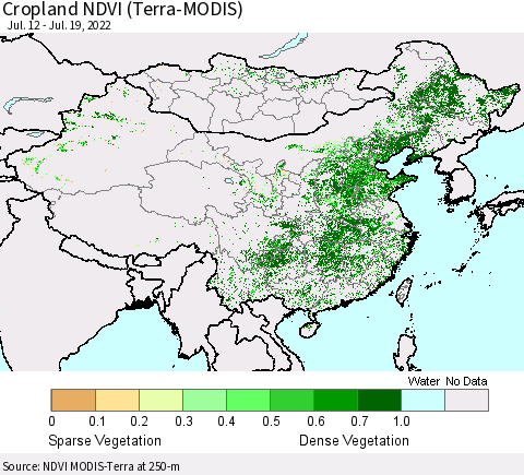 China, Mongolia and Taiwan Cropland NDVI (Terra-MODIS) Thematic Map For 7/12/2022 - 7/19/2022