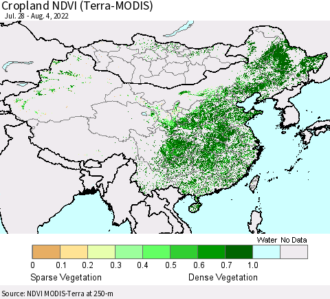 China, Mongolia and Taiwan Cropland NDVI (Terra-MODIS) Thematic Map For 7/28/2022 - 8/4/2022