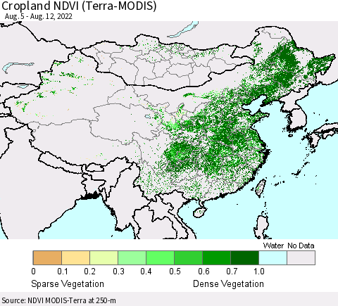 China, Mongolia and Taiwan Cropland NDVI (Terra-MODIS) Thematic Map For 8/5/2022 - 8/12/2022