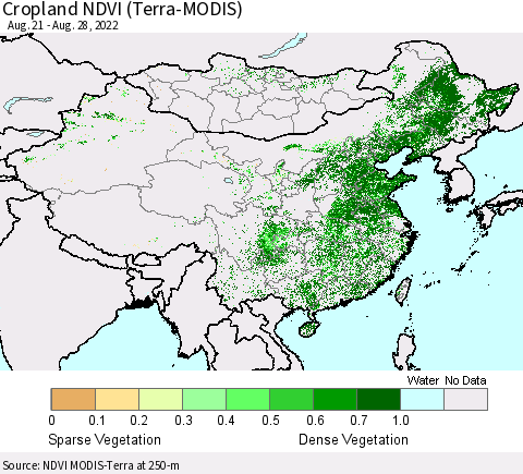 China, Mongolia and Taiwan Cropland NDVI (Terra-MODIS) Thematic Map For 8/21/2022 - 8/28/2022