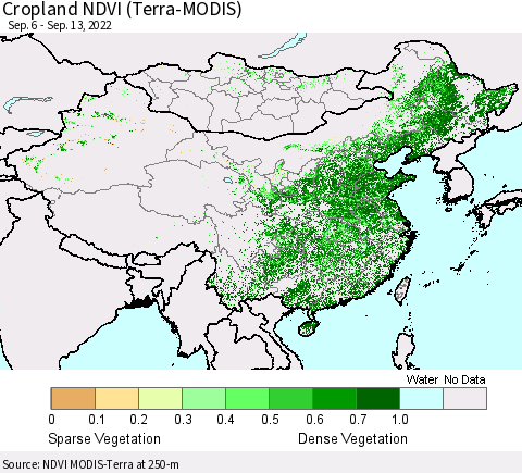China, Mongolia and Taiwan Cropland NDVI (Terra-MODIS) Thematic Map For 9/6/2022 - 9/13/2022