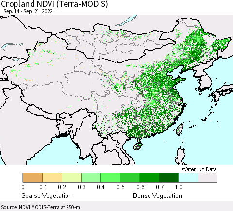 China, Mongolia and Taiwan Cropland NDVI (Terra-MODIS) Thematic Map For 9/14/2022 - 9/21/2022