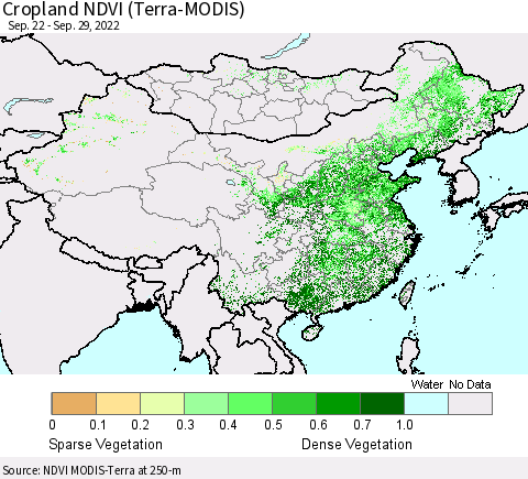 China, Mongolia and Taiwan Cropland NDVI (Terra-MODIS) Thematic Map For 9/22/2022 - 9/29/2022