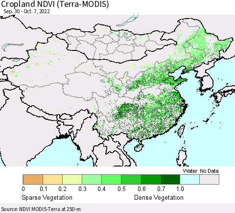 China, Mongolia and Taiwan Cropland NDVI (Terra-MODIS) Thematic Map For 9/30/2022 - 10/7/2022