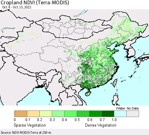 China, Mongolia and Taiwan Cropland NDVI (Terra-MODIS) Thematic Map For 10/8/2022 - 10/15/2022