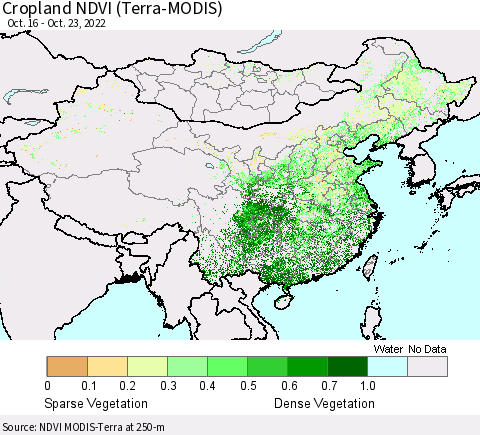 China, Mongolia and Taiwan Cropland NDVI (Terra-MODIS) Thematic Map For 10/16/2022 - 10/23/2022