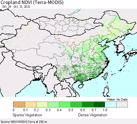 China, Mongolia and Taiwan Cropland NDVI (Terra-MODIS) Thematic Map For 10/24/2022 - 10/31/2022