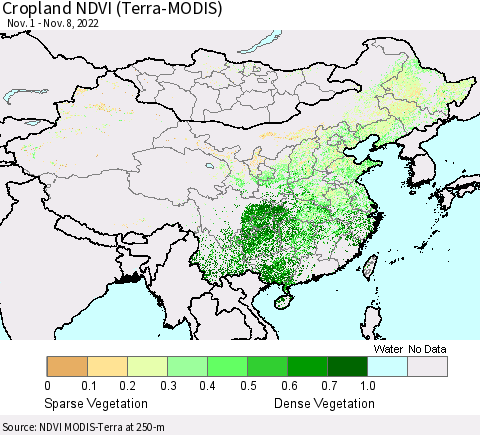 China, Mongolia and Taiwan Cropland NDVI (Terra-MODIS) Thematic Map For 11/1/2022 - 11/8/2022