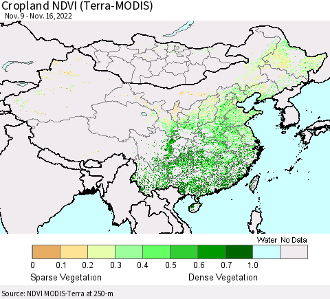 China, Mongolia and Taiwan Cropland NDVI (Terra-MODIS) Thematic Map For 11/9/2022 - 11/16/2022