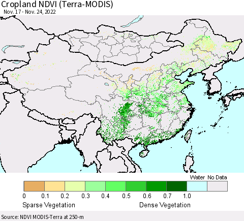 China, Mongolia and Taiwan Cropland NDVI (Terra-MODIS) Thematic Map For 11/17/2022 - 11/24/2022