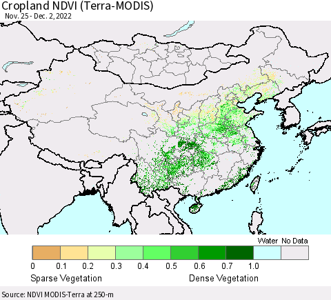 China, Mongolia and Taiwan Cropland NDVI (Terra-MODIS) Thematic Map For 11/25/2022 - 12/2/2022