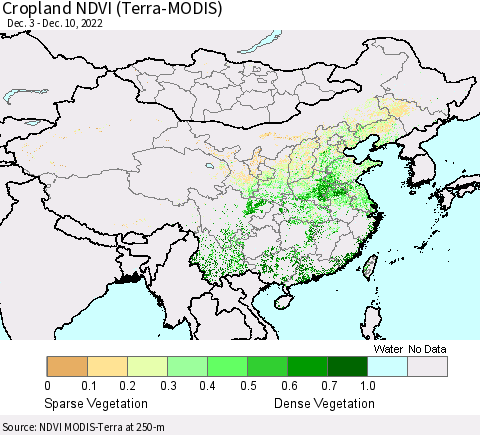 China, Mongolia and Taiwan Cropland NDVI (Terra-MODIS) Thematic Map For 12/3/2022 - 12/10/2022