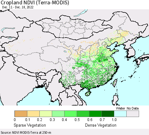 China, Mongolia and Taiwan Cropland NDVI (Terra-MODIS) Thematic Map For 12/11/2022 - 12/18/2022