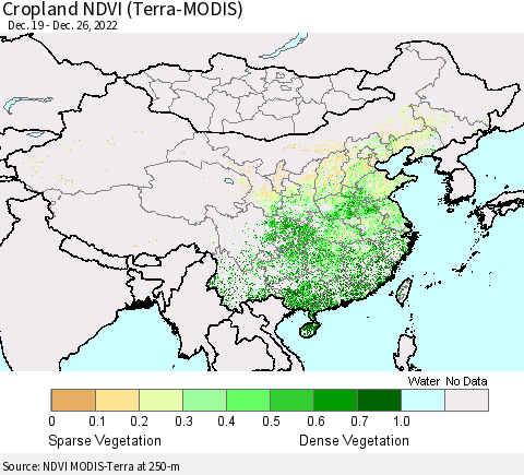 China, Mongolia and Taiwan Cropland NDVI (Terra-MODIS) Thematic Map For 12/19/2022 - 12/26/2022