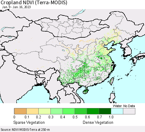 China, Mongolia and Taiwan Cropland NDVI (Terra-MODIS) Thematic Map For 1/9/2023 - 1/16/2023