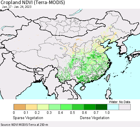 China, Mongolia and Taiwan Cropland NDVI (Terra-MODIS) Thematic Map For 1/17/2023 - 1/24/2023