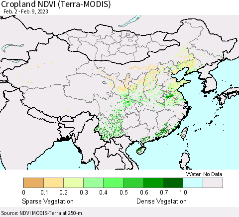 China, Mongolia and Taiwan Cropland NDVI (Terra-MODIS) Thematic Map For 2/2/2023 - 2/9/2023
