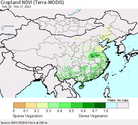 China, Mongolia and Taiwan Cropland NDVI (Terra-MODIS) Thematic Map For 2/10/2023 - 2/17/2023