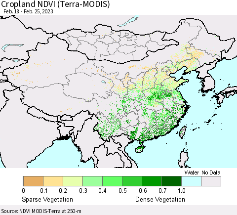 China, Mongolia and Taiwan Cropland NDVI (Terra-MODIS) Thematic Map For 2/18/2023 - 2/25/2023