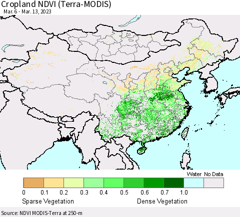 China, Mongolia and Taiwan Cropland NDVI (Terra-MODIS) Thematic Map For 3/6/2023 - 3/13/2023