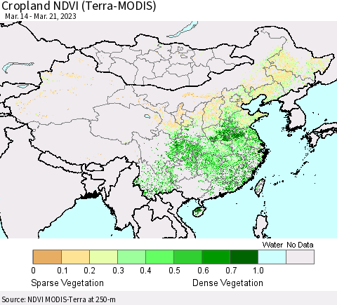 China, Mongolia and Taiwan Cropland NDVI (Terra-MODIS) Thematic Map For 3/14/2023 - 3/21/2023