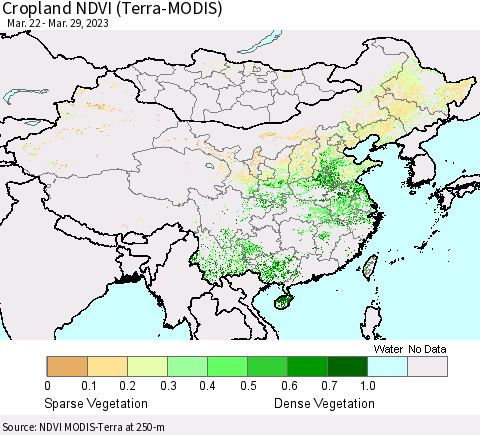 China, Mongolia and Taiwan Cropland NDVI (Terra-MODIS) Thematic Map For 3/22/2023 - 3/29/2023