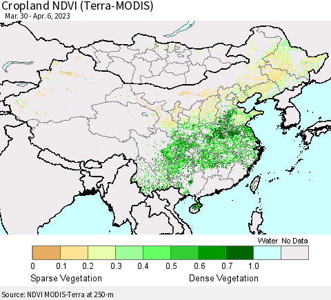 China, Mongolia and Taiwan Cropland NDVI (Terra-MODIS) Thematic Map For 3/30/2023 - 4/6/2023